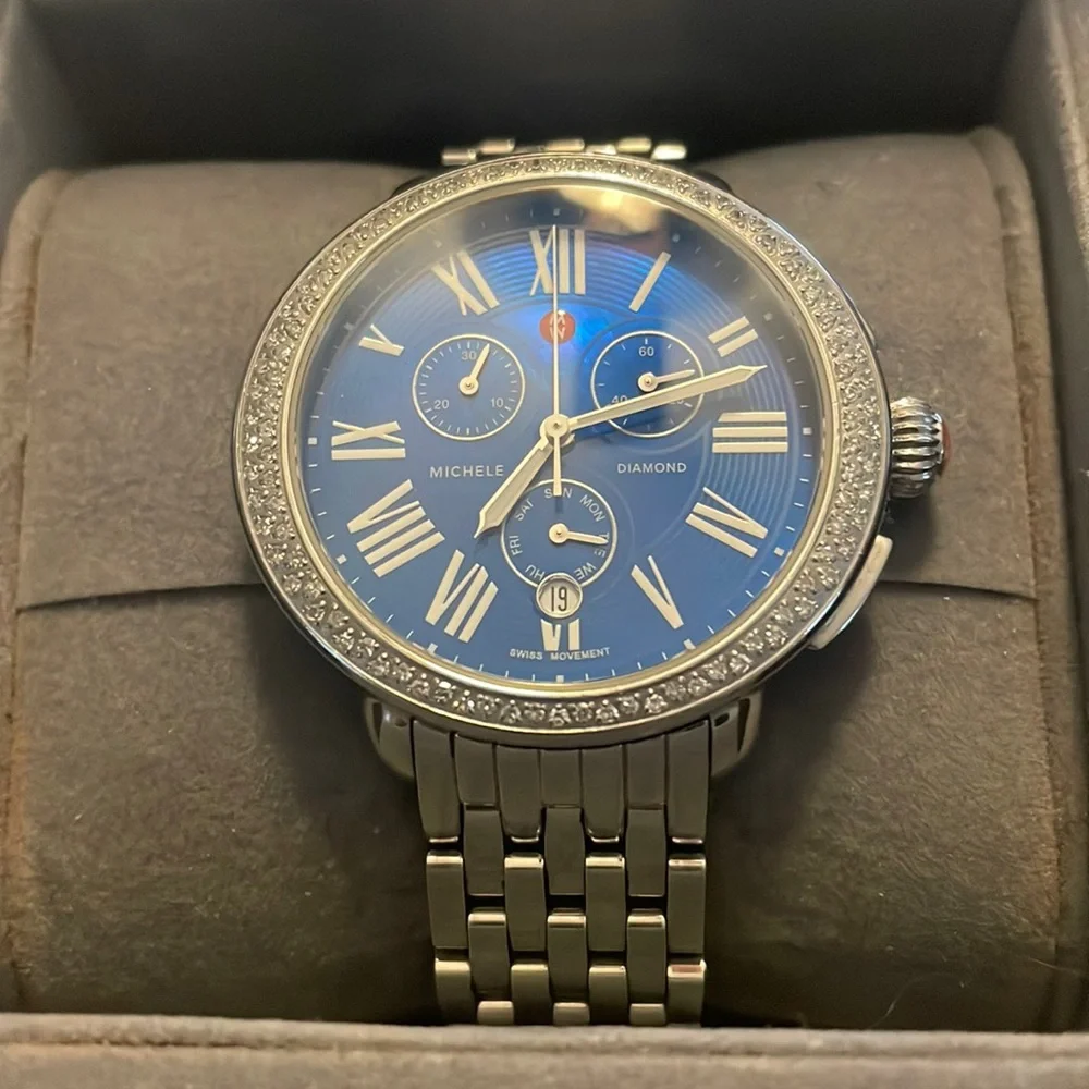 Michele Serein Blue Dial Mother of Pearl Chronograph Watch - Picture 1 of 8